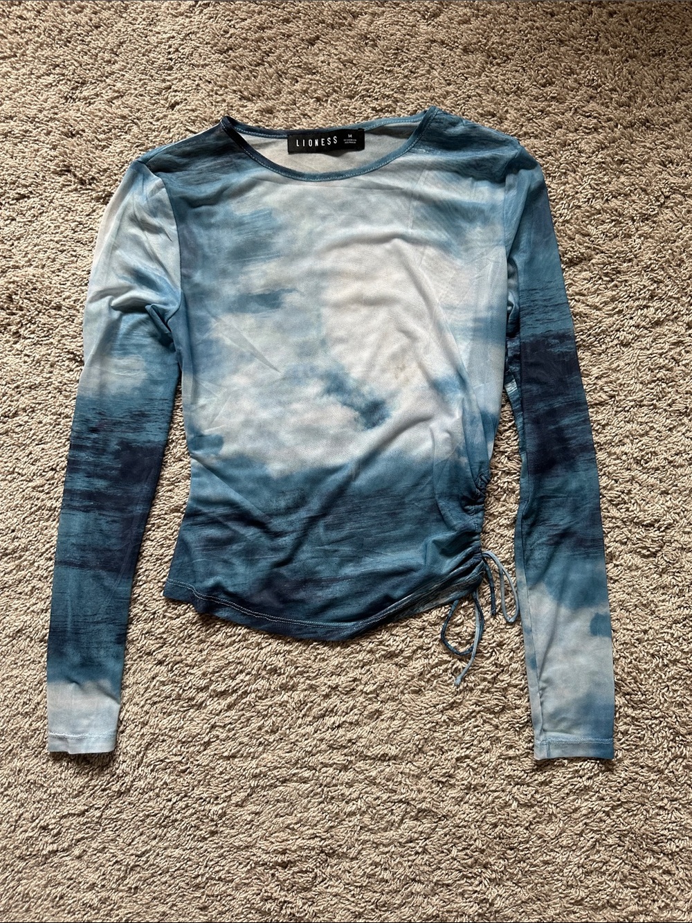 Lioness Blue Tie-Dye/water design Mesh Long Sleeve Side Ruched Top